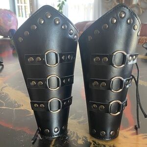 Medieval Black faux Leather Studded Wrist Bracers with Buckle Rings
